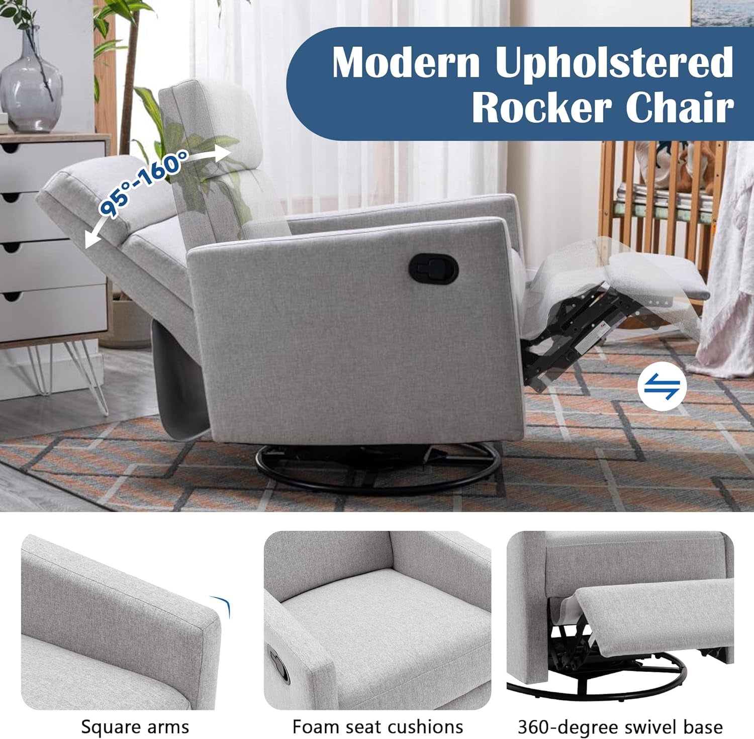 Modern Upholstered Manual Swivel Recliner Chair W/Headsupport Peach Maple
