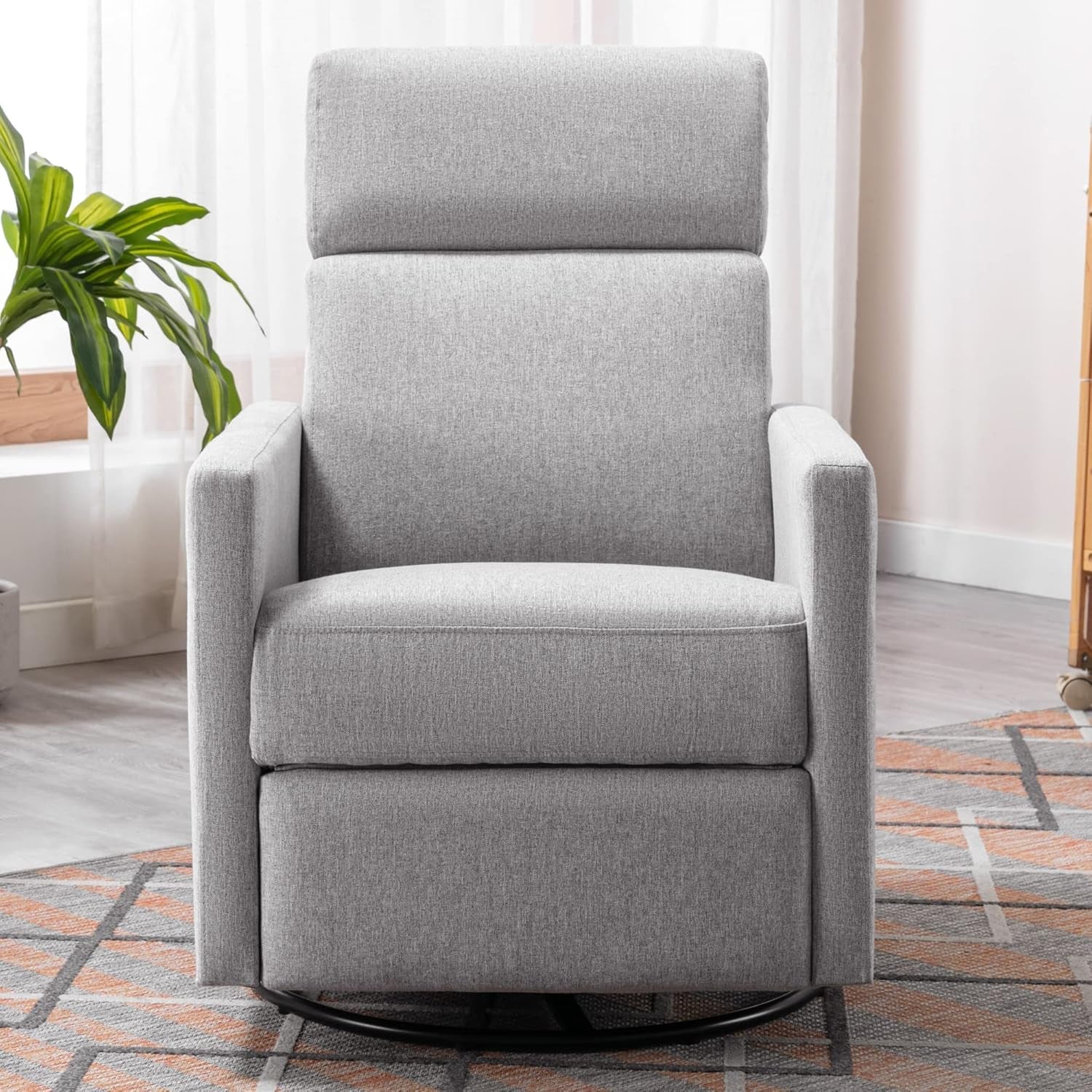 Modern Upholstered Manual Swivel Recliner Chair W/Headsupport Peach Maple