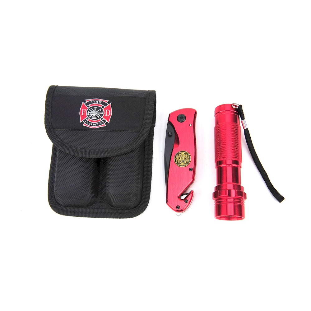 Survival Knife and Flashlight Set - Red Finish - Firefighter - LED Lime Sycamore